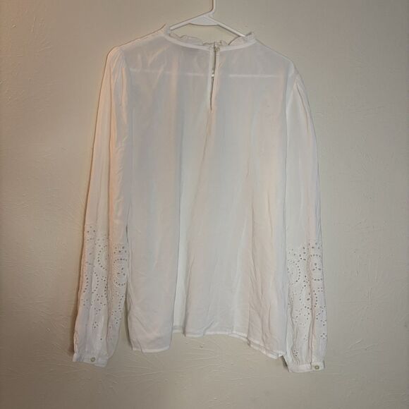 LOFT Medium Womens Embroidered Ruffle Neck Blouse White Long Sleeve - Picture 2 of 5